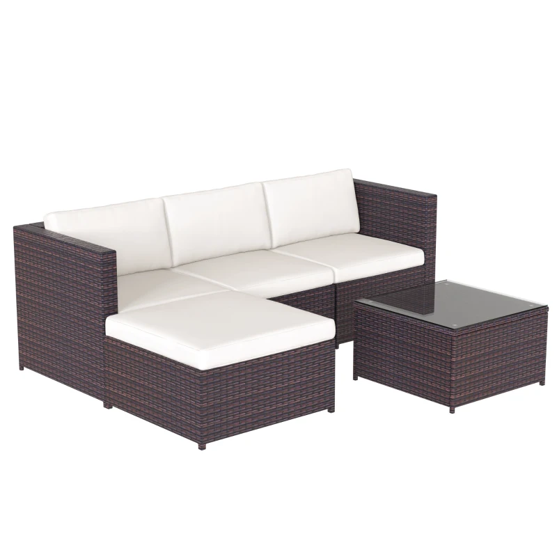 Set Salotto da Giardino in Poly rattan con Divano ad Angolo, Tavolino con Piano in Vetro e Cuscini, Marrone