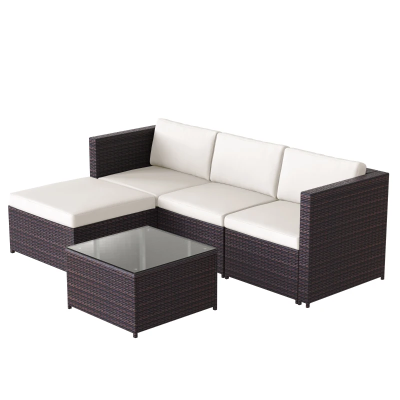 Set Salotto da Giardino in Poly rattan con Divano ad Angolo, Tavolino con Piano in Vetro e Cuscini, Marrone