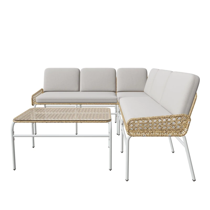 Set Salotto da Giardino in Polyrattan per 4-5 Persone con Divano ad Angolo, Tavolino in Vetro Temperato e Cuscini, Grigio Chiaro+Naturale
