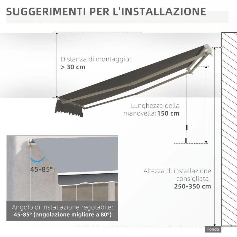 Outsunny Tenda da Sole 3x2.5 m Avvolgibile per Porte e Finestre, in Alluminio e Poliestere Anti-UV, Grigio