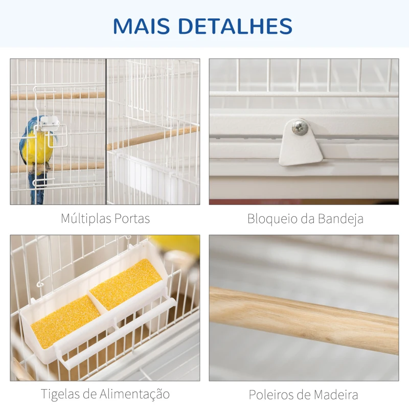PawHut Gaiola para Pássaros com Rodas Bandeja Amovível 4 Portas Comedouros e Prateleira de Armazenamento 78x52x132cm Branco