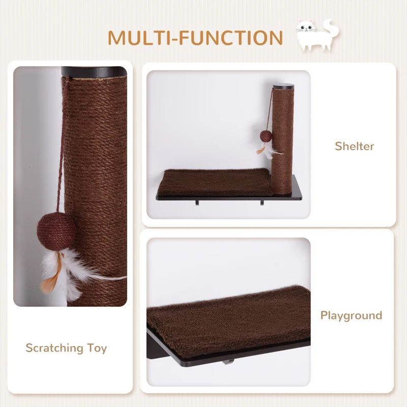 PawHut Cat Wall-Mounted MDF Hemp Rope Scratching Post Shelf Brown