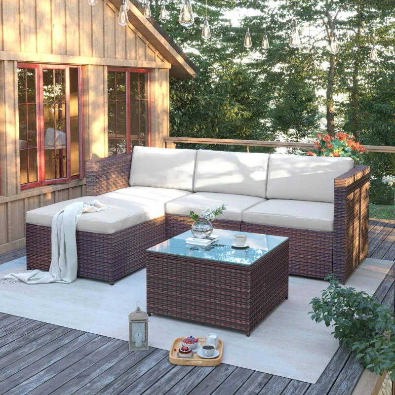 Set Salotto da Giardino in Poly rattan con Divano ad Angolo, Tavolino con Piano in Vetro e Cuscini, Marrone