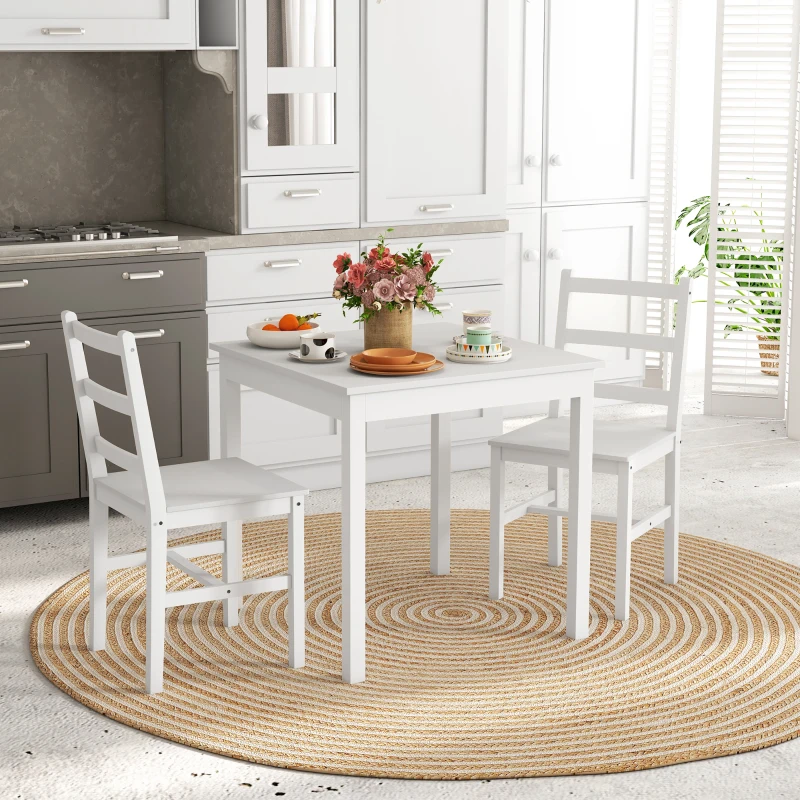 HOMCOM 3-delig Eettafelset Eetgroep Tafel met Stoelen, Grenenhout, Wit