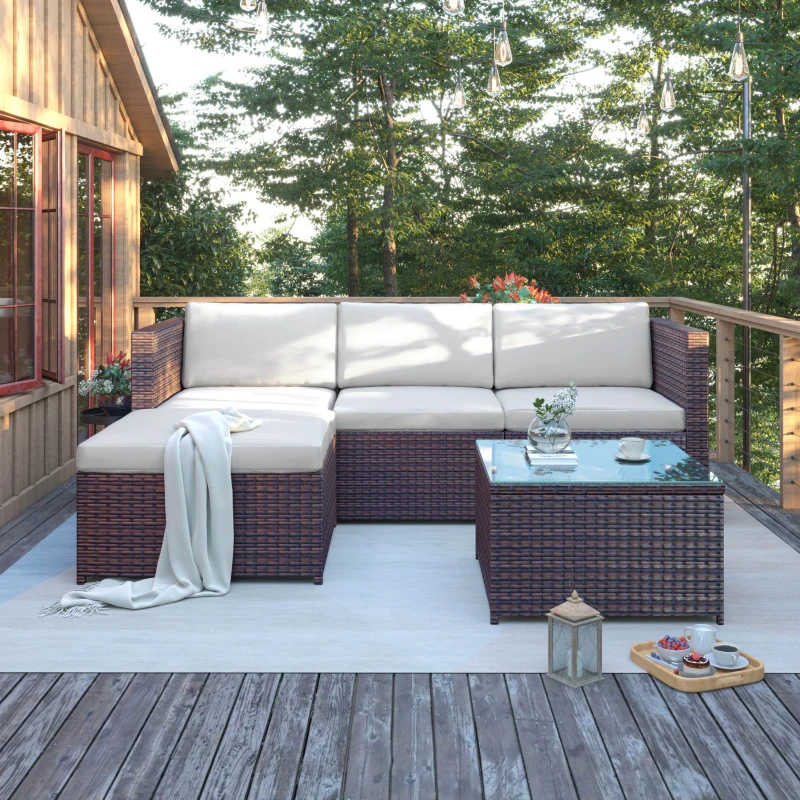 Set Salotto da Giardino in Poly rattan con Divano ad Angolo, Tavolino con Piano in Vetro e Cuscini, Marrone