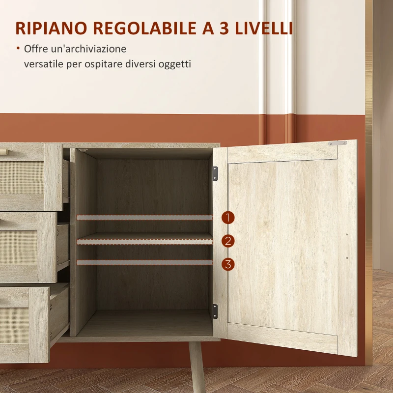 HOMCOM Mobile Multiuso Stile Boho con Armadietto e 3 Cassetti in Legno e Rattan, 80x36x75cm, Rovere