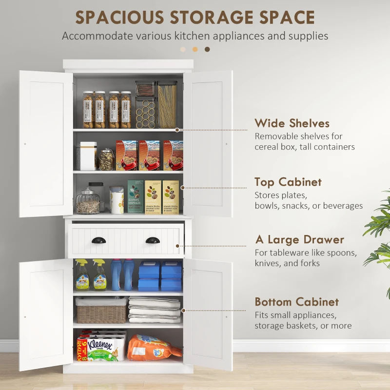 HOMCOM 183cm Freestanding Kitchen Cupboard, Tall Storage Cabinet with 4 Doors and 3 Adjustable Shelves, Traditional Kitchen Pantry Cupboard for Dining Room, White