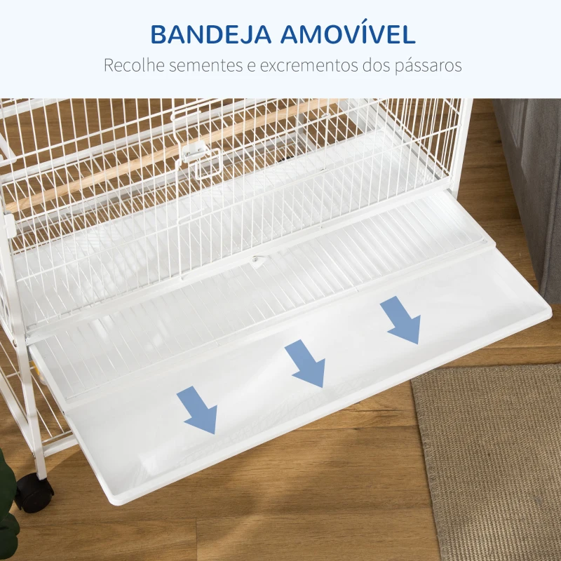 PawHut Gaiola para Pássaros com Rodas Bandeja Amovível 4 Portas Comedouros e Prateleira de Armazenamento 78x52x132cm Branco