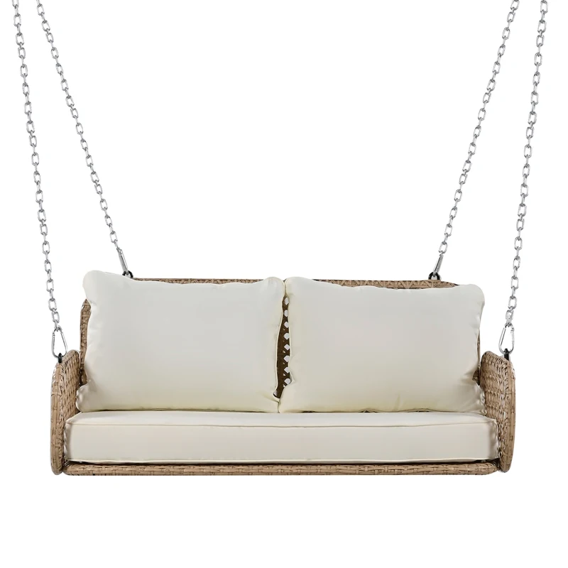 Dondolo Doppio in PE-Rattan per Giardino con Cuscini Lavabili e 2 Posti, Portata 320 kg, Beige