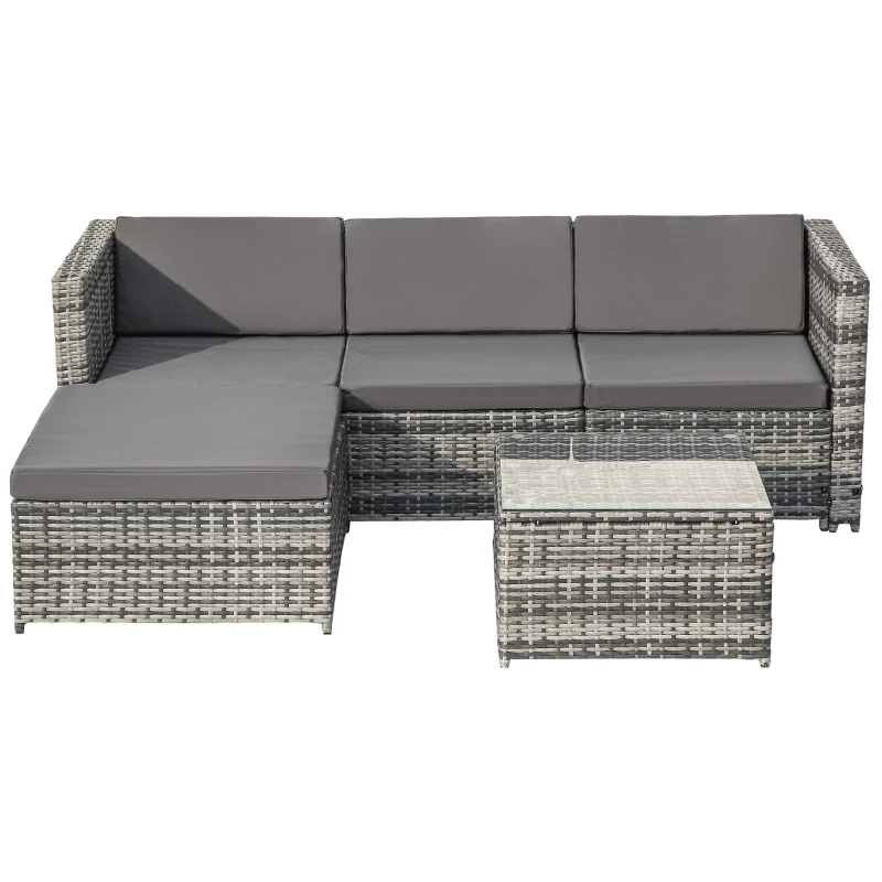 Set da Giardino in Polyrattan con Divano ad Angolo, Tavolino con Piano in Vetro e Cuscini, Grigio