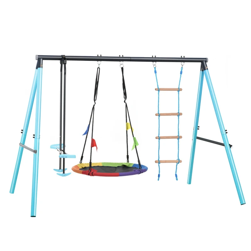 Set Gioco da Giardino per Bambini 3-8 Anni con Altalena Nido, Scala da Arrampicata, Rete e Dondolo, Struttura in Metallo, Blu