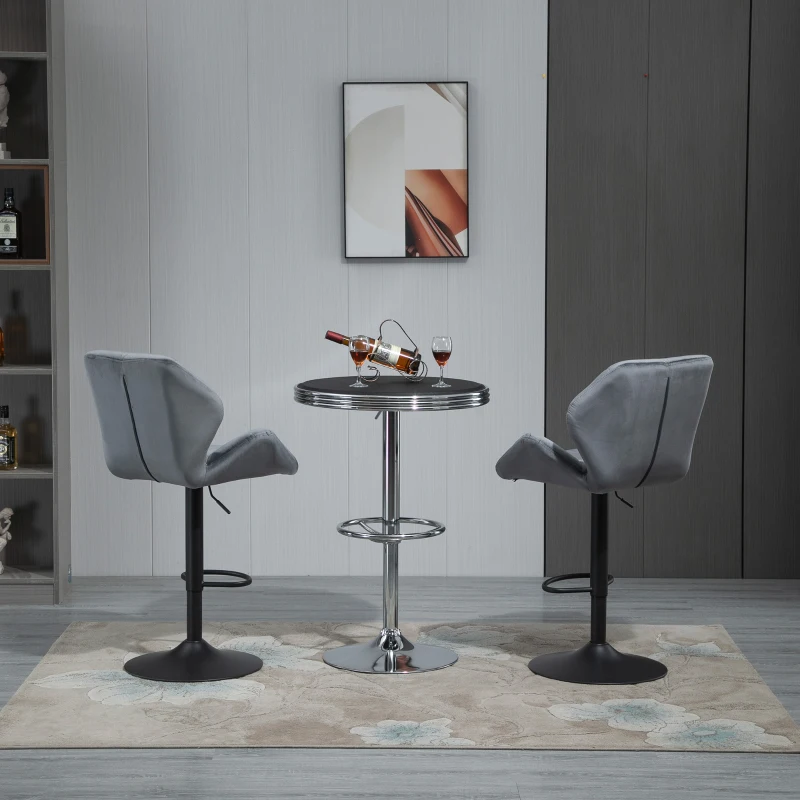 HOMCOM Bar Stools Set of 2, Swivel Velvet-feel Barstools with Wide Seat, Adjustable Height and Footrest, Breakfast Bar Chairs for Kitchen, Dining Room, Grey
