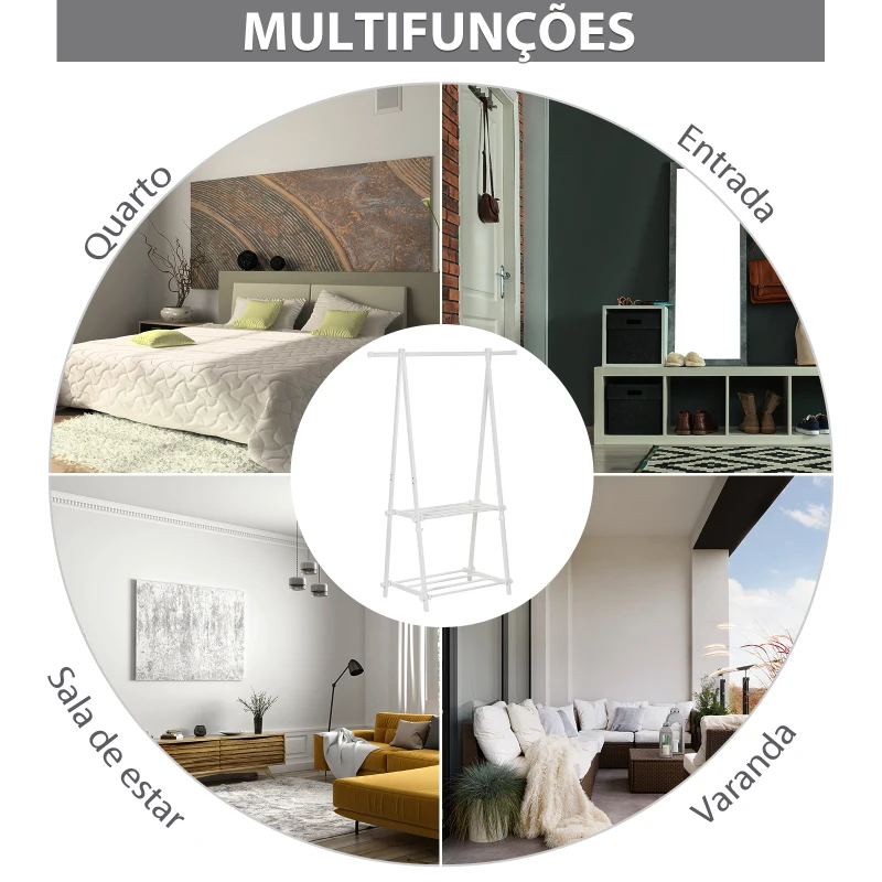 HOMCOM Suporte para Cabide Dobrável com 2 Prateleiras e  1 Barra para Pendurar Roupas para Sala Quarto Entrada 107,5x45x150 cm