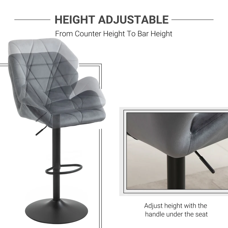 HOMCOM Bar Stools Set of 2, Swivel Velvet-feel Barstools with Wide Seat, Adjustable Height and Footrest, Breakfast Bar Chairs for Kitchen, Dining Room, Grey