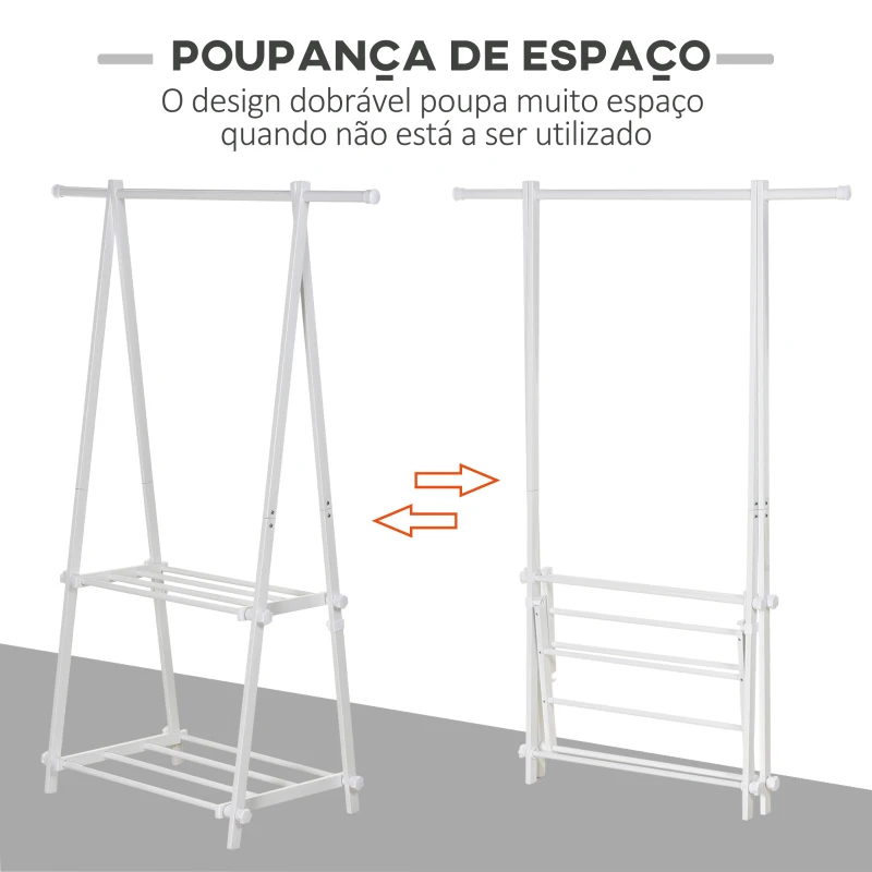 HOMCOM Suporte para Cabide Dobrável com 2 Prateleiras e  1 Barra para Pendurar Roupas para Sala Quarto Entrada 107,5x45x150 cm
