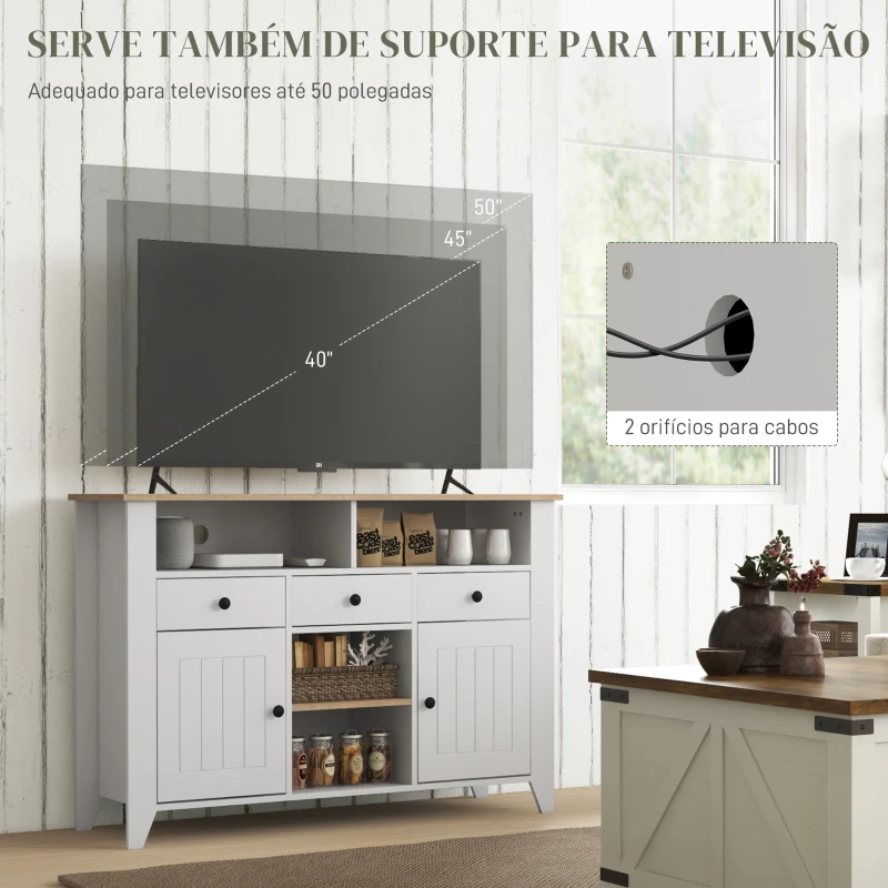 HOMCOM Aparador de Cozinha com 3 Gavetas 2 Armários 2 Prateleiras Abertas e 2 Prateleiras Ajustáveis Estilo Moderno 120x38x81,5 cm Branco