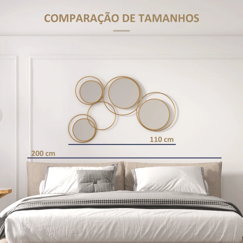 HOMCOM Espelho Decorativo de Parede em Metal 3D Decoração de Parede Metálica com 4 Espelhos Redondos para Corredor 110x68 cm Dourado
