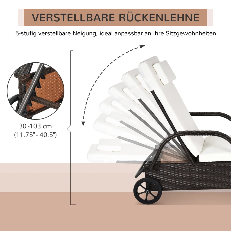 Outsunny Sonnenliege Polyrattan Gartenliege mit 5-Fach verstellbarer Rücklehne, Polsterauflage, Rollen, Kissen, 160 kg belastbar Relaxliege Liegestuhl für Garten, 200x73x30-103cm, Kaffeebraun
