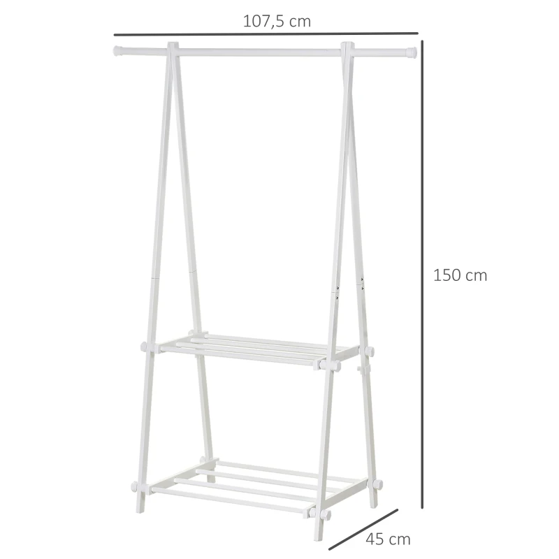 HOMCOM Suporte para Cabide Dobrável com 2 Prateleiras e  1 Barra para Pendurar Roupas para Sala Quarto Entrada 107,5x45x150 cm