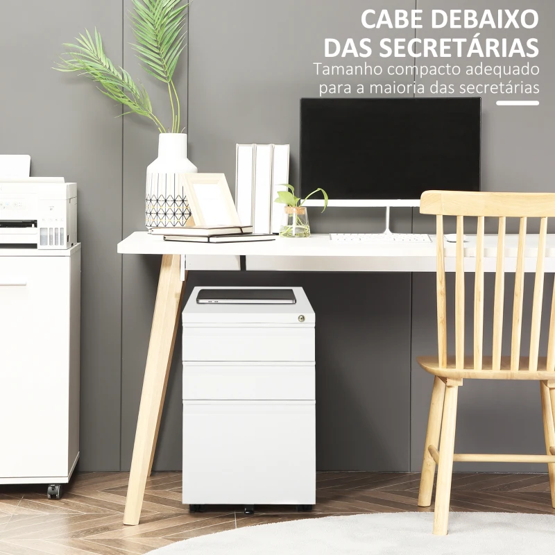 Vinsetto Bloco de Gavetas com Rodas para Escritório Móvel para Arquivos com 3 Gavetas e Fechadura 39x48x60 cm Branco