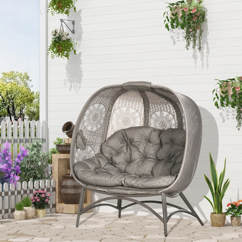 Outsunny Scaun Pliabil in Forma de Ou cu 2 Locuri, Scaun Liber Tip Cos cu Perna, Pungi pentru Sticle pentru Interior sau Exterior, Maro Nisip