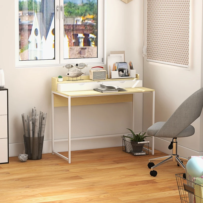 HOMCOM Secretária Moderna Mesa para Escritório Mesa de Computador com Estante e 2 Gavetas Removíveis 106x50x89 cm Branco
