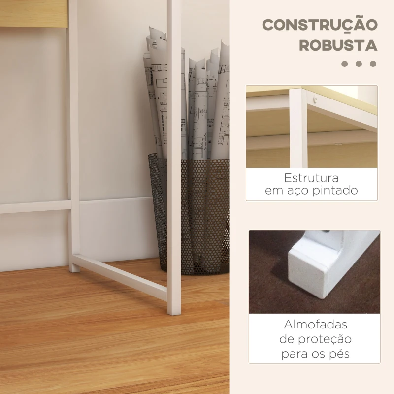 HOMCOM Secretária Moderna Mesa para Escritório Mesa de Computador com Estante e 2 Gavetas Removíveis 106x50x89 cm Branco