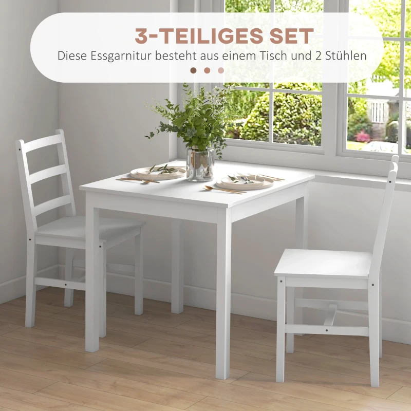 HOMCOM 3-delig Eettafelset Eetgroep Tafel met Stoelen, Grenenhout, Wit