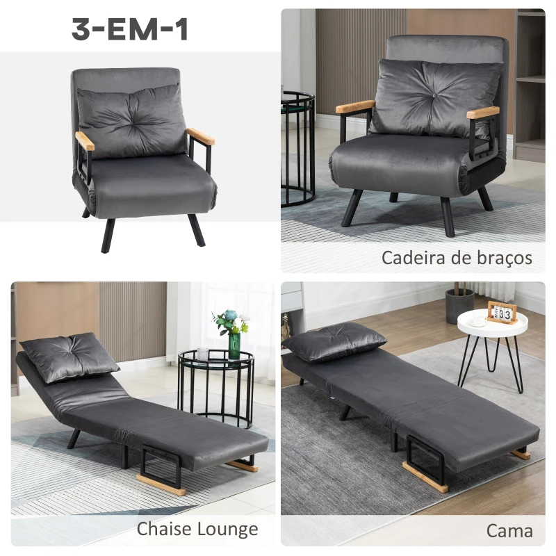 HOMCOM Poltrona Convertível em Cama Poltrona 3 em 1 Convertível em Cama com Encosto Ajustável em 5 Níveis 63x73x81 cm Cinza