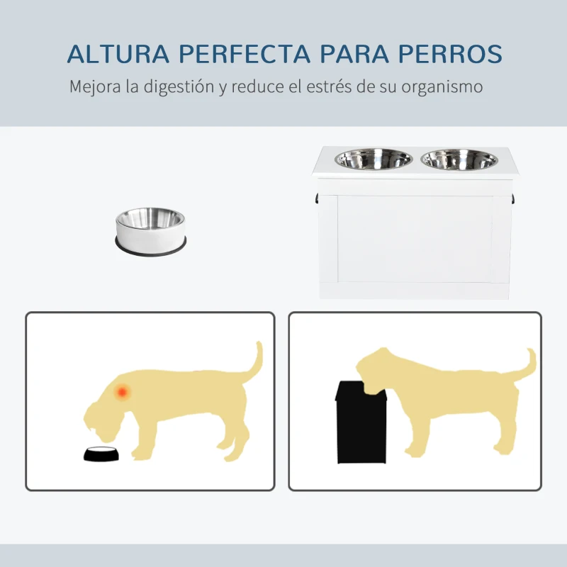 PawHut Comedouro Elevado para Cães com 2 Tigelas de Aço Inoxidável e Espaço de Armazenamento Oculto 60x30x41 cm Branco