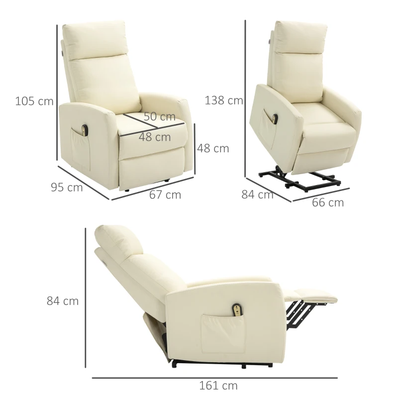 HOMCOM Poltrona Relax Levanta Pessoas Poltrona Elétrica Reclinável a 145° com Controlo Remoto Apoio para Pés 67x95x105 cm Creme