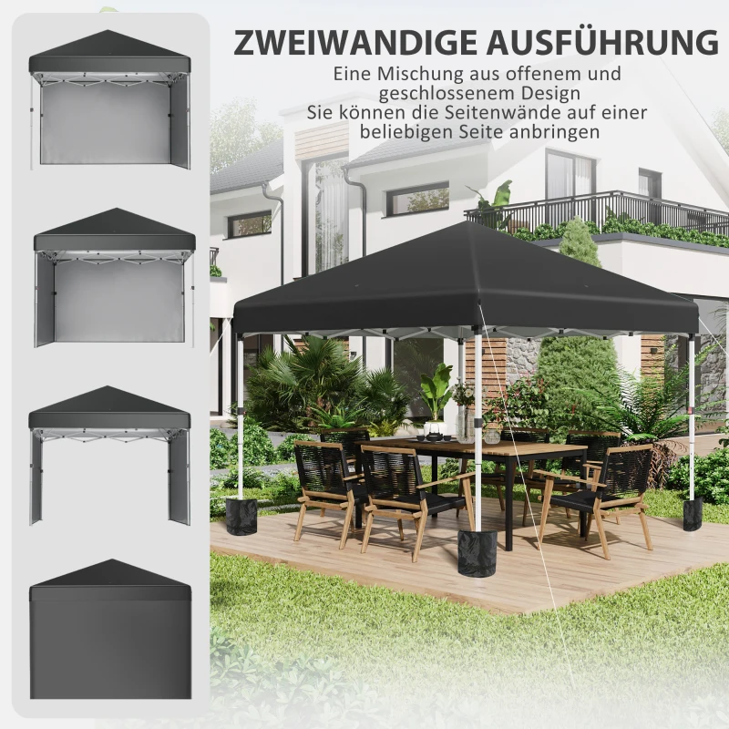 Outsunny Opvouwbare paviljoen met 2 zijwanden, verstelbare hoogte, inclusief draagtas, roestvrij stalen frame, 3x3 m, Zwart