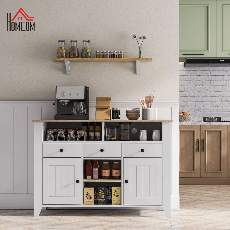 HOMCOM Aparador de Cozinha com 3 Gavetas 2 Armários 2 Prateleiras Abertas e 2 Prateleiras Ajustáveis Estilo Moderno 120x38x81,5 cm Branco