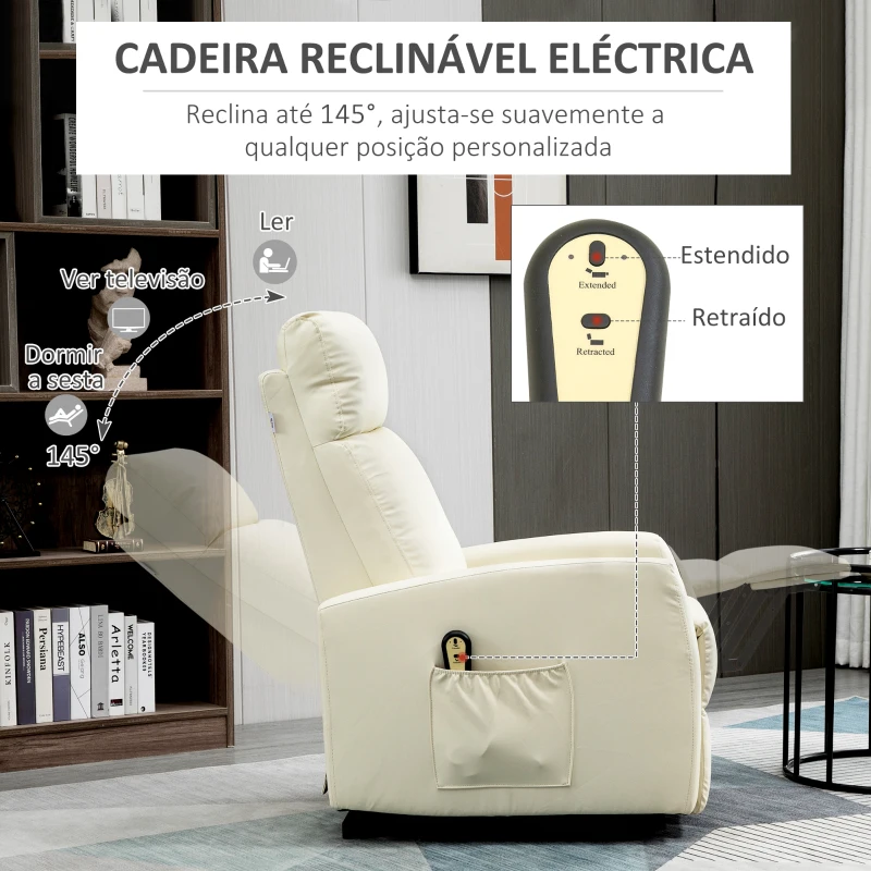 HOMCOM Poltrona Relax Levanta Pessoas Poltrona Elétrica Reclinável a 145° com Controlo Remoto Apoio para Pés 67x95x105 cm Creme