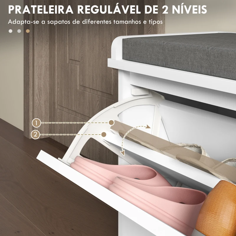 HOMCOM Banco Sapateira Moderno de Madeira com Prateleiras Ajustáveis e Almofada Acolchoada para 8 Pares de Sapatos 80x26x44,5 cm Branco