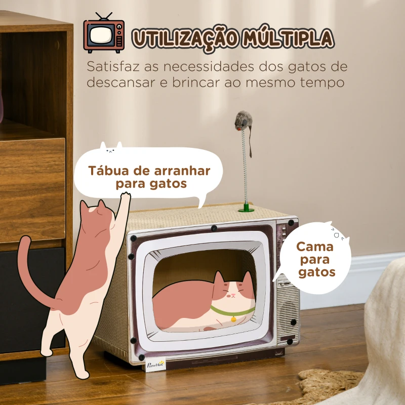 PawHut Arranhador de Cartão para Gatos Casa para Gatos em Forma de Televisor com Rato de Brinquedo 43x23x32,5 cm Areia