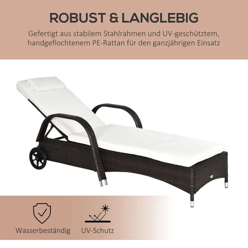 Outsunny Sonnenliege Polyrattan Gartenliege mit 5-Fach verstellbarer Rücklehne, Polsterauflage, Rollen, Kissen, 160 kg belastbar Relaxliege Liegestuhl für Garten, 200x73x30-103cm, Kaffeebraun