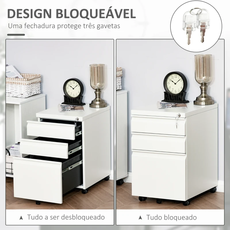 Vinsetto Bloco de Gavetas com Rodas para Escritório Móvel para Arquivos com 3 Gavetas e Fechadura 39x48x60 cm Branco