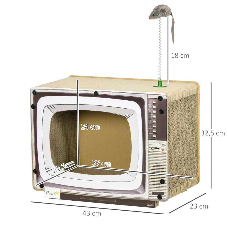 PawHut Arranhador de Cartão para Gatos Casa para Gatos em Forma de Televisor com Rato de Brinquedo 43x23x32,5 cm Areia