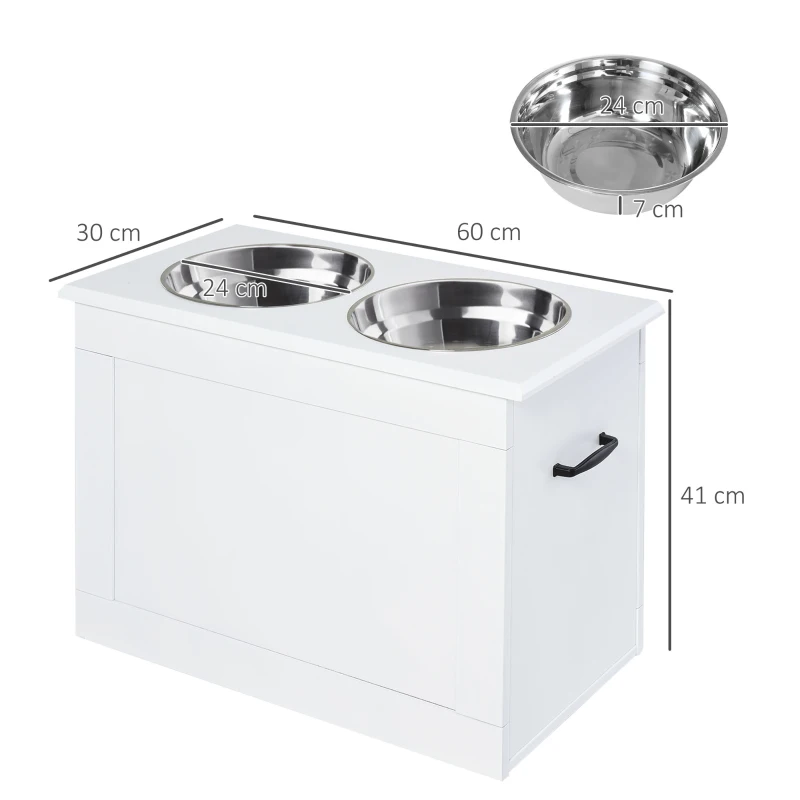 PawHut Comedouro Elevado para Cães com 2 Tigelas de Aço Inoxidável e Espaço de Armazenamento Oculto 60x30x41 cm Branco