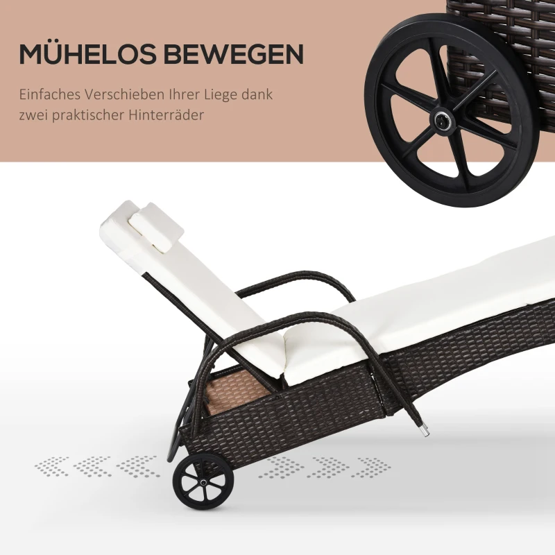 Outsunny Sonnenliege Polyrattan Gartenliege mit 5-Fach verstellbarer Rücklehne, Polsterauflage, Rollen, Kissen, 160 kg belastbar Relaxliege Liegestuhl für Garten, 200x73x30-103cm, Kaffeebraun