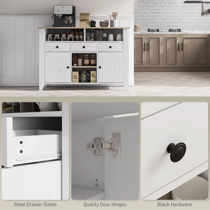 HOMCOM Aparador de Cozinha com 3 Gavetas 2 Armários 2 Prateleiras Abertas e 2 Prateleiras Ajustáveis Estilo Moderno 120x38x81,5 cm Branco