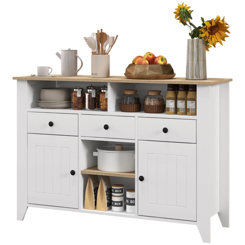 HOMCOM Aparador de Cozinha com 3 Gavetas 2 Armários 2 Prateleiras Abertas e 2 Prateleiras Ajustáveis Estilo Moderno 120x38x81,5 cm Branco