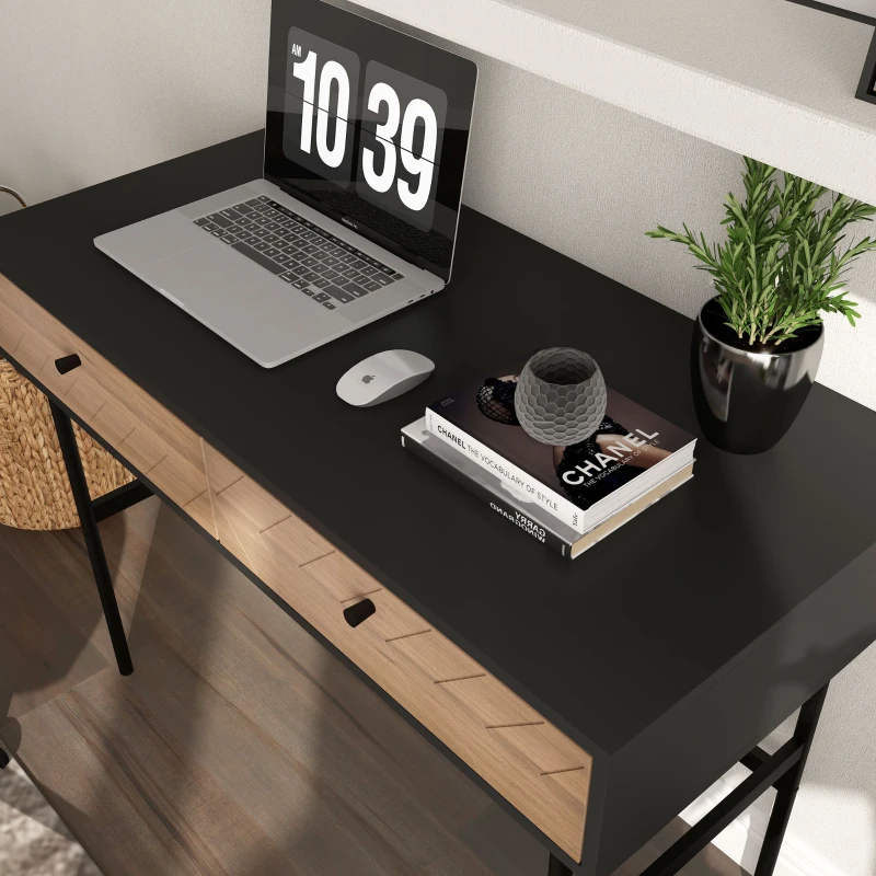 HOMCOM Birou de Scris cu Depozitare, Masă de Calculator cu 2 Sertare și Cadru de Oțel, 106x50x77 cm, Negru