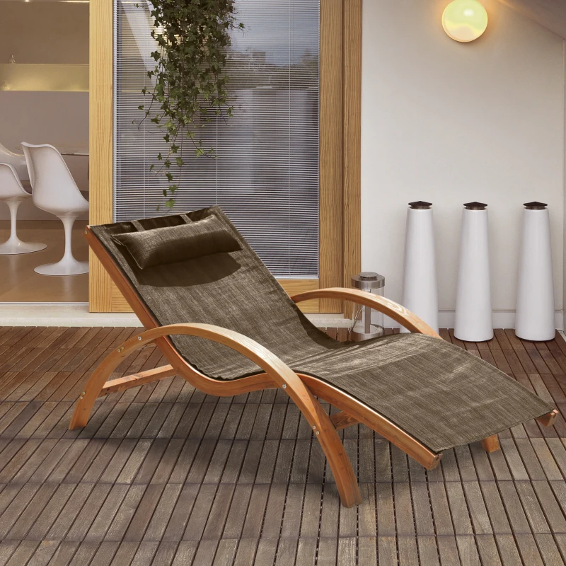 Outsunny Șezlong de Grădină Ergonomic cu Tetieră Căptușită din Lemn și Țesătură, 161x72x68 cm, Maro
