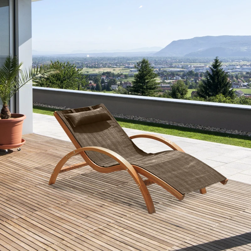 Outsunny Șezlong de Grădină Ergonomic cu Tetieră Căptușită din Lemn și Țesătură, 161x72x68 cm, Maro