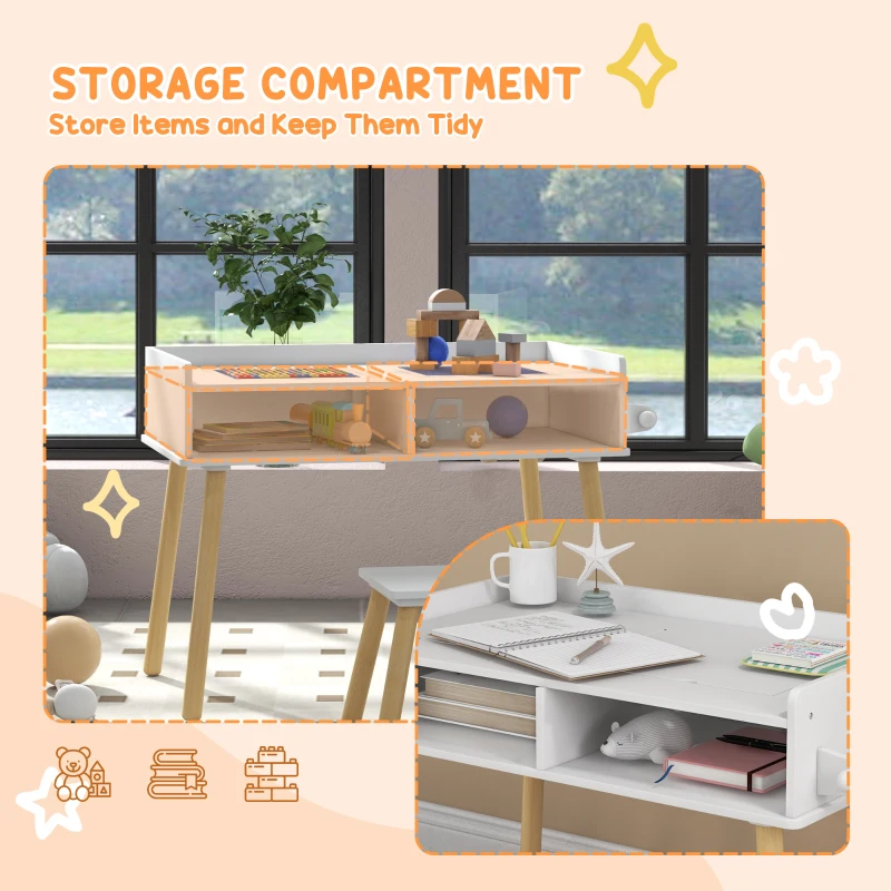 HOMCOM Set de Masă și Scaun pentru Copii, Masă de Activități pentru Copii Mici 3 în 1 cu Tablă de Construcție, 87x45x59.5 cm, Alb(m-5)