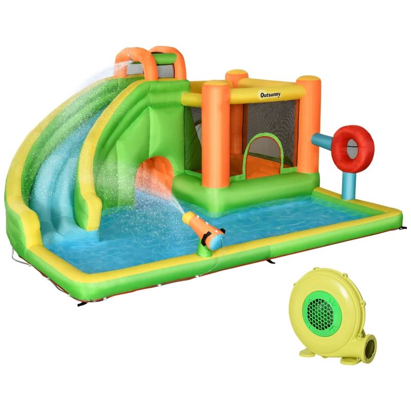 Outsunny 7 in 1 pentru copii Tobogan de apa Bounce House tobogan, trambulina, piscina, pentru copii de 3-8 ani