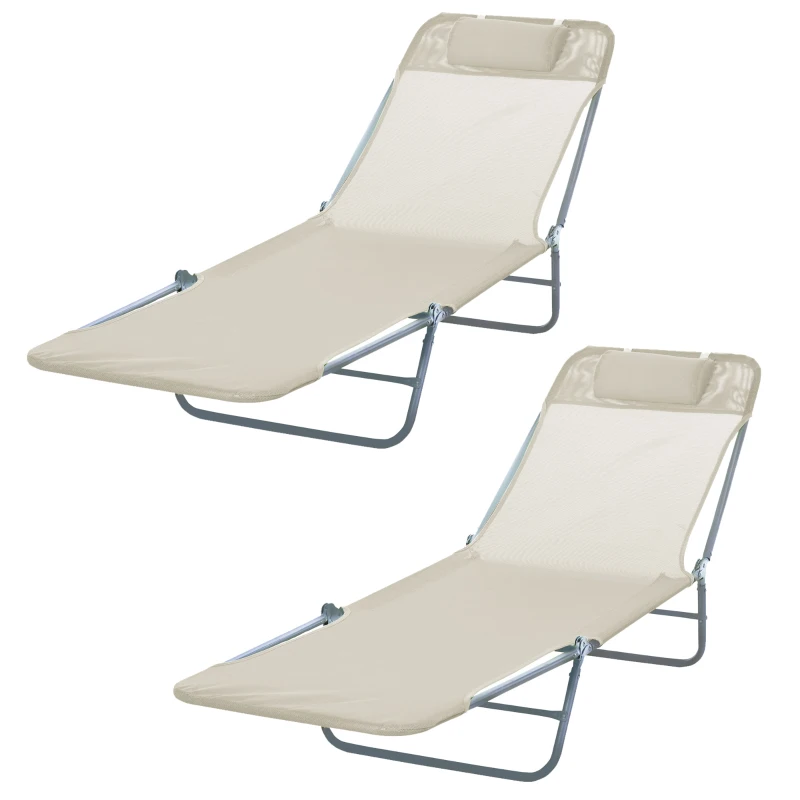 Outsunny Set de 2 Sezlonguri pentru Plaja Pliabile cu Spatar Rabatabil pe 5 Niveluri, Sezlong de Gradina din Otel si Tesatura Plasa, Bej