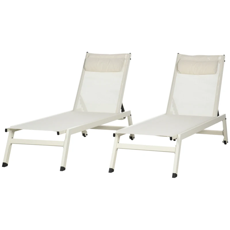 Outsunny Sezlong din Aluminiu si Poliester, Set  2 Bucati Bej de Gradina cu 5 Niveluri de Inclinare, 55x195x30 cm